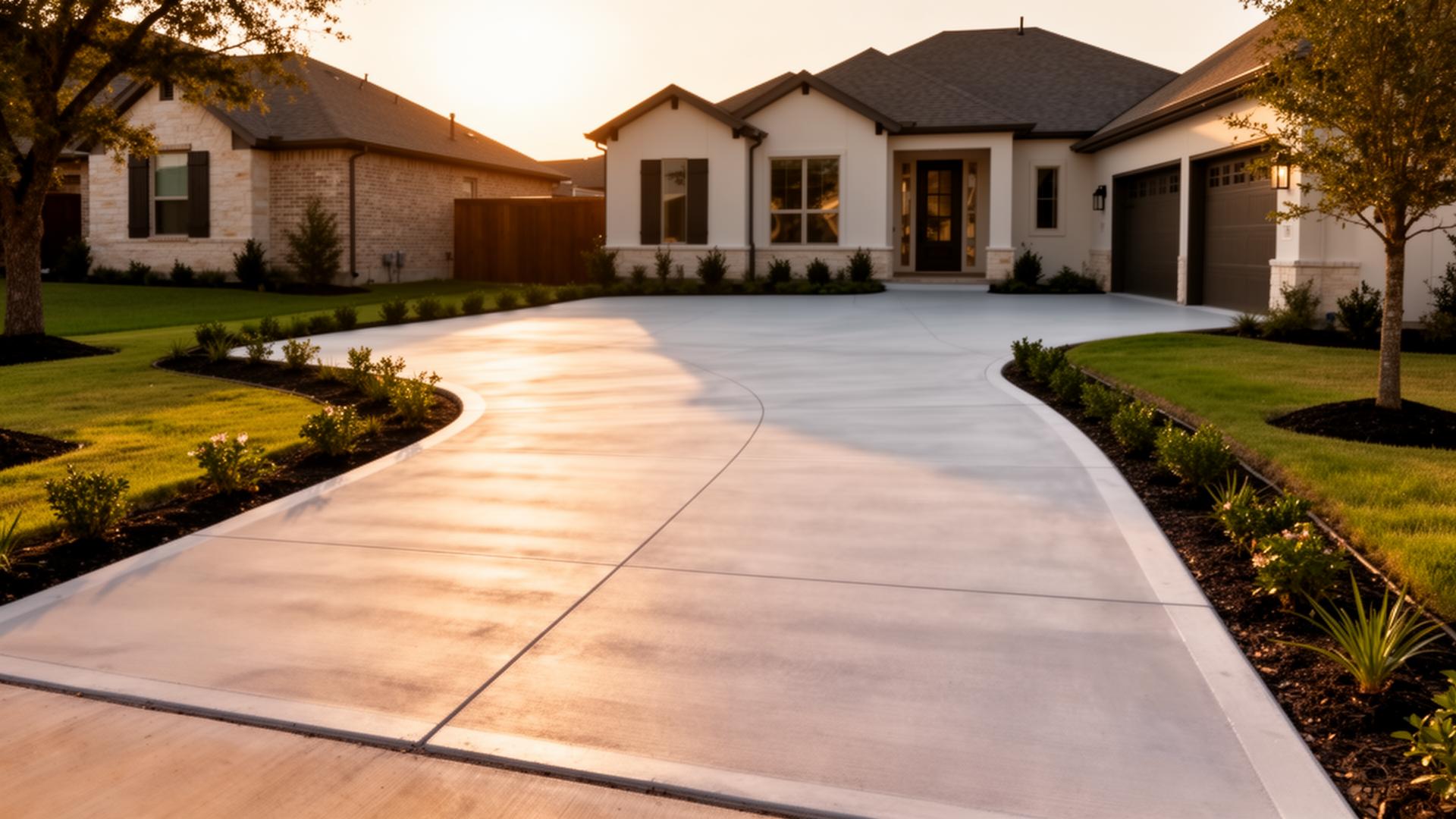 Freshly finished concrete driveway in front of a San Antonio home at sunset